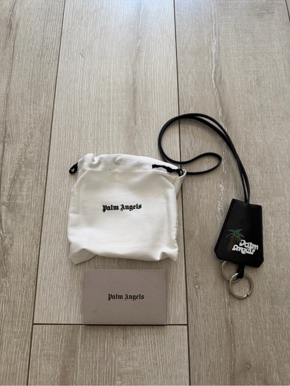 Palm Angels Black Leather Key holder Lanyard with White Logo and Green Palm